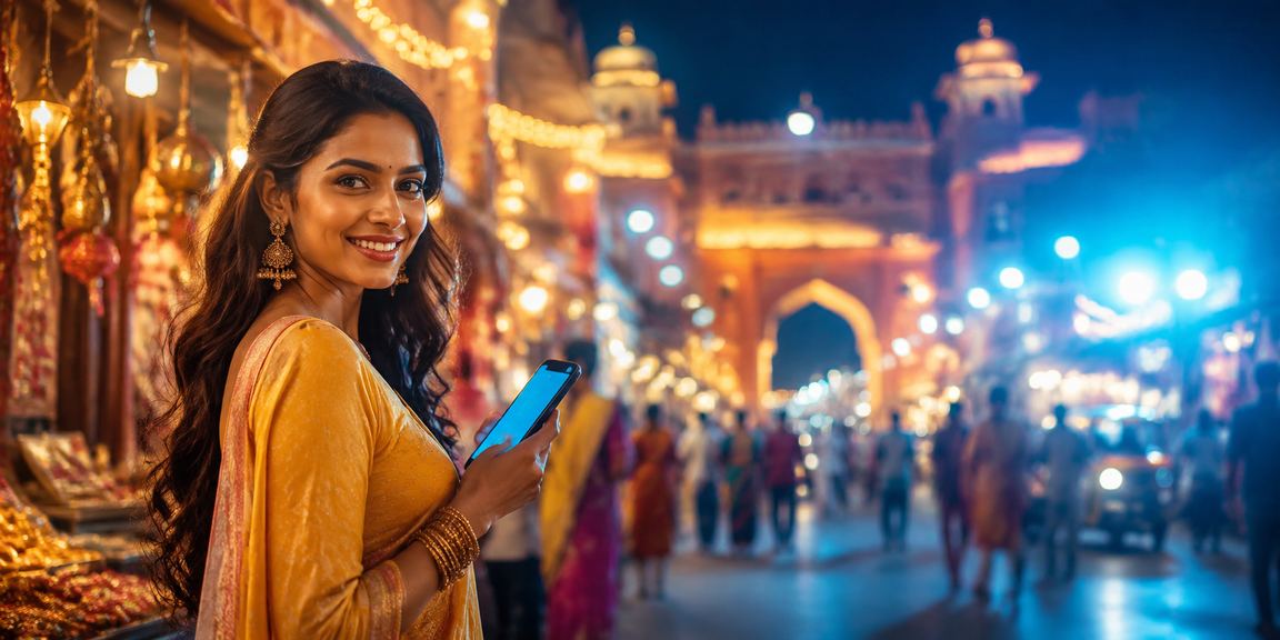 Live casino table with dealer and players in vibrant Indian night market setting