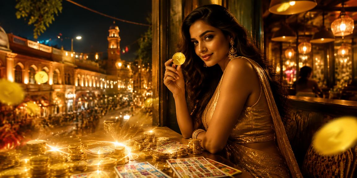 Lucknow old city street with lottery and rupee signage