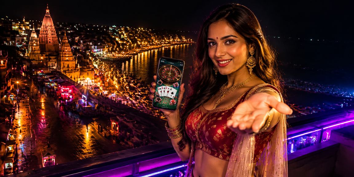 User playing cricket betting app on mobile at Varanasi ghat in the evening neon glow